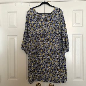 Blue and yellow 3/4 sleeve floral dress. Size XXL.